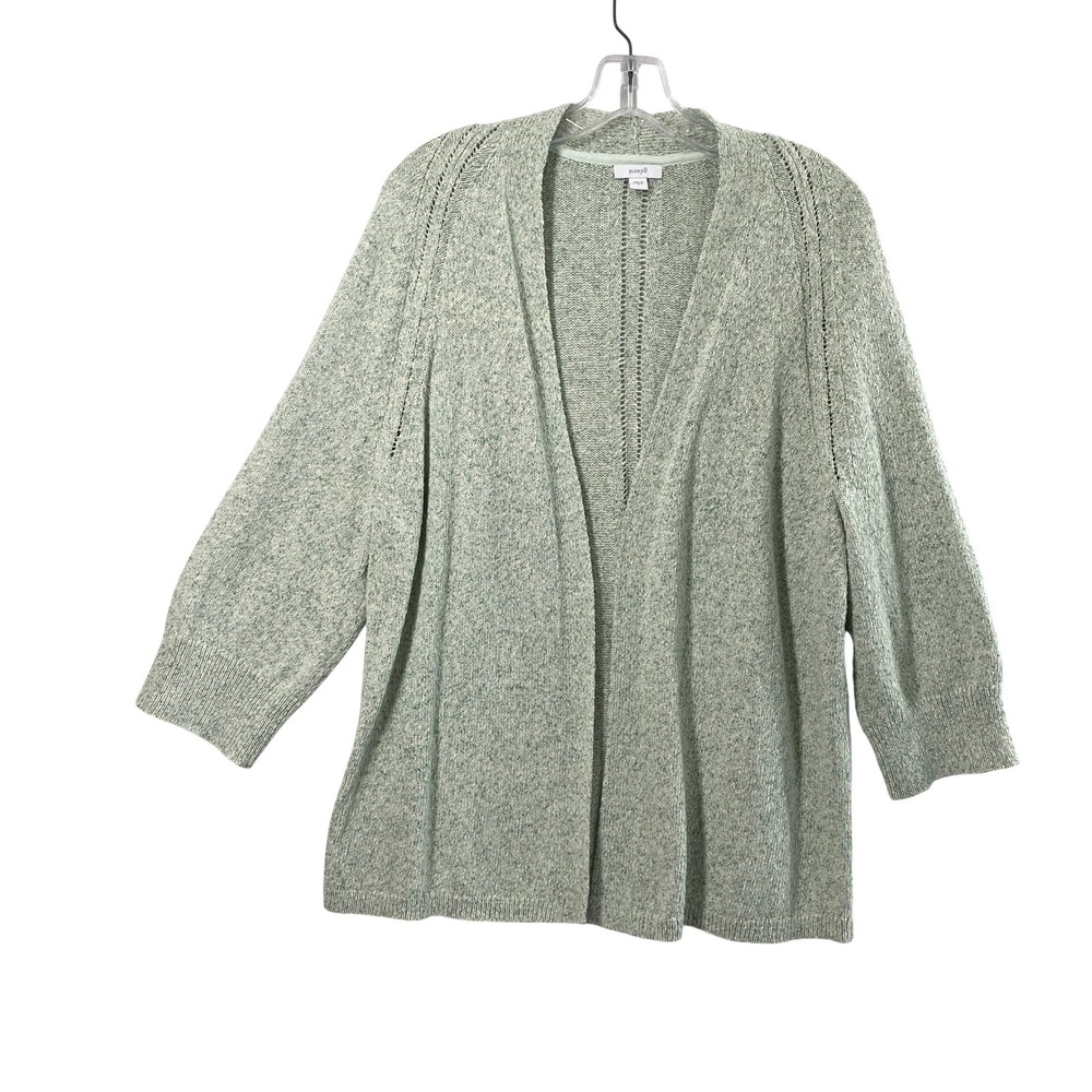 Pure Jill Cardigan Women L Green Marled Pointelle Open Front Sweater‎ Layering